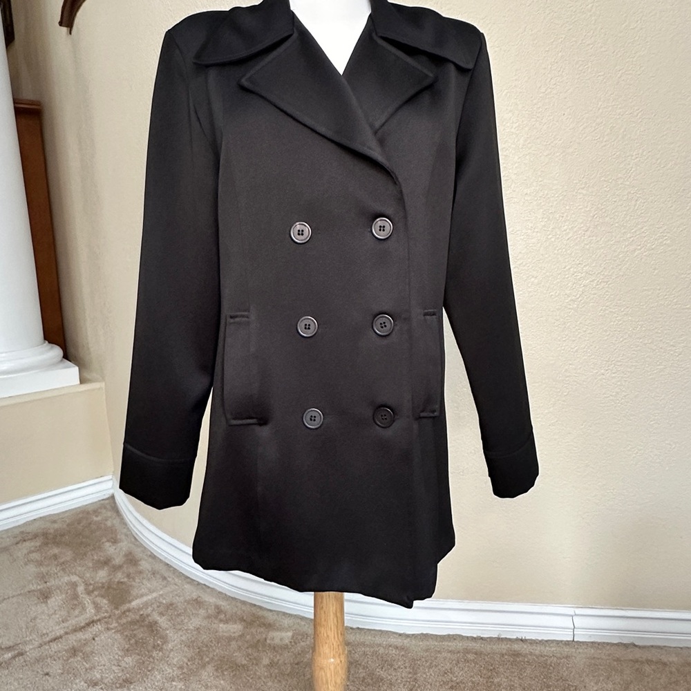 Black Double-Breasted Pea Coat with Notched Lapels